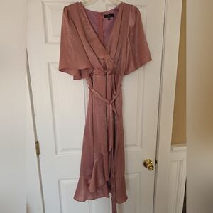 Lulu's Large Wrapped Up in Love Satin Faux-Wrap Short Sleeve Midi Dress Mauve